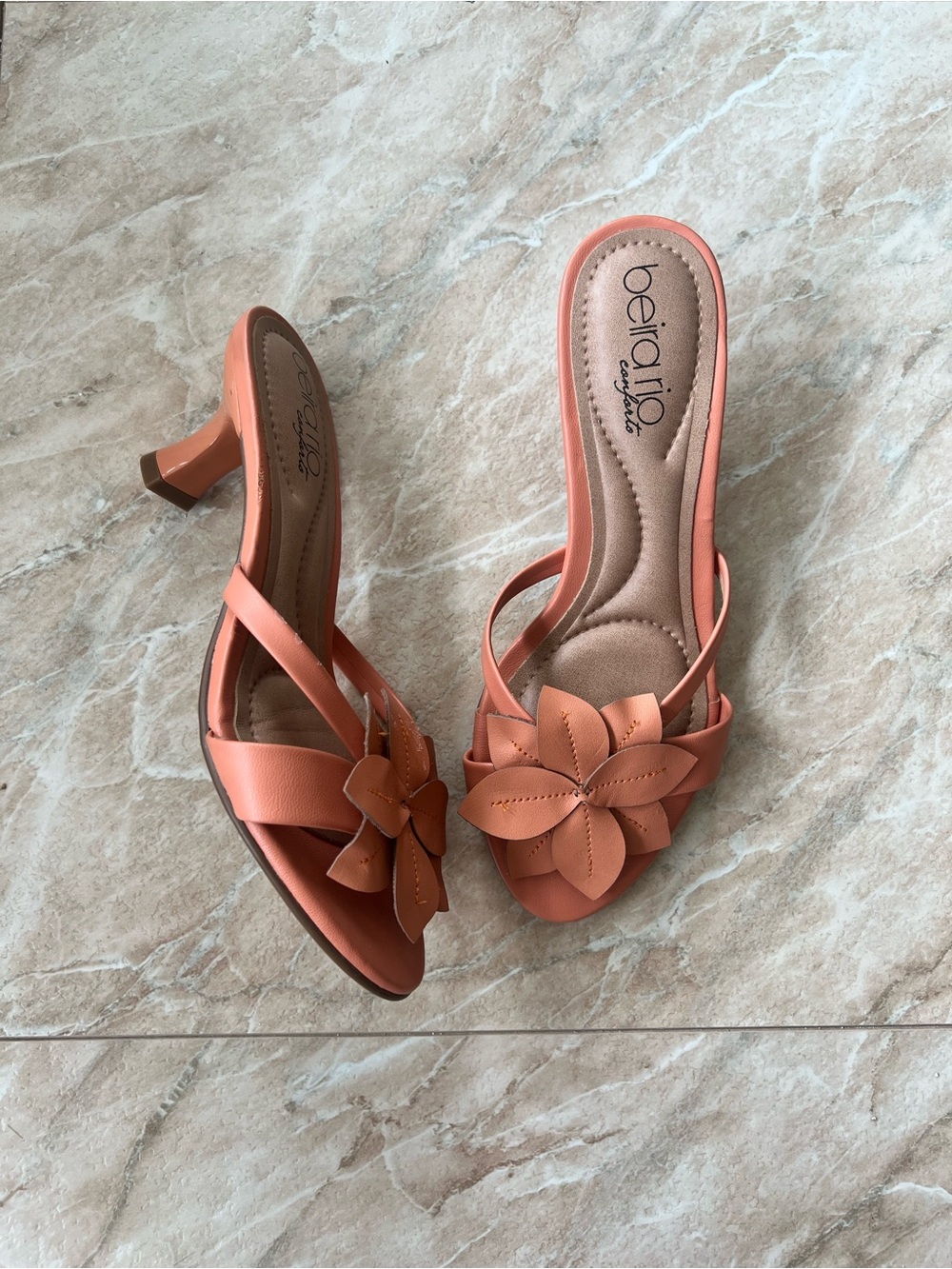 Coral Orange Flower Slip-On Leather Heels for Women